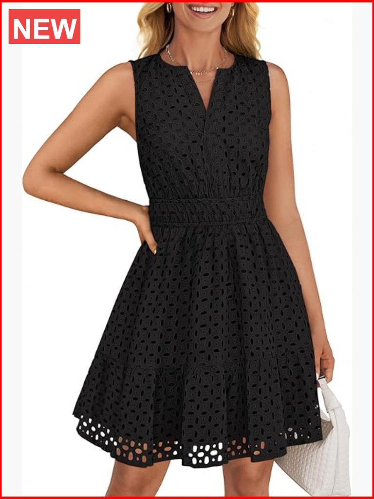 Sleeveless V-Neck Hollow Out Eyelet Flowy A-Line Mini Dress